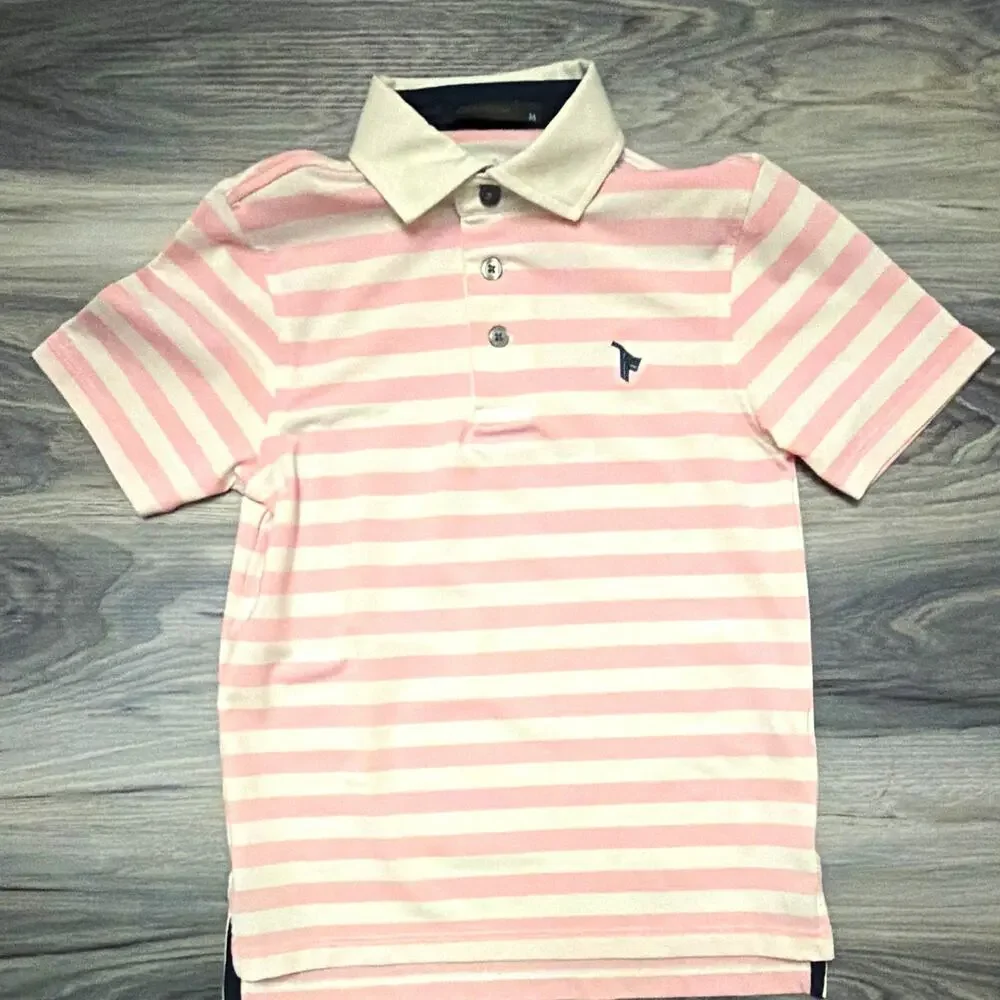 Greyson Boys Youth M 6-7 Golf Polo Pink White Stripe Stretch Short Sleeve